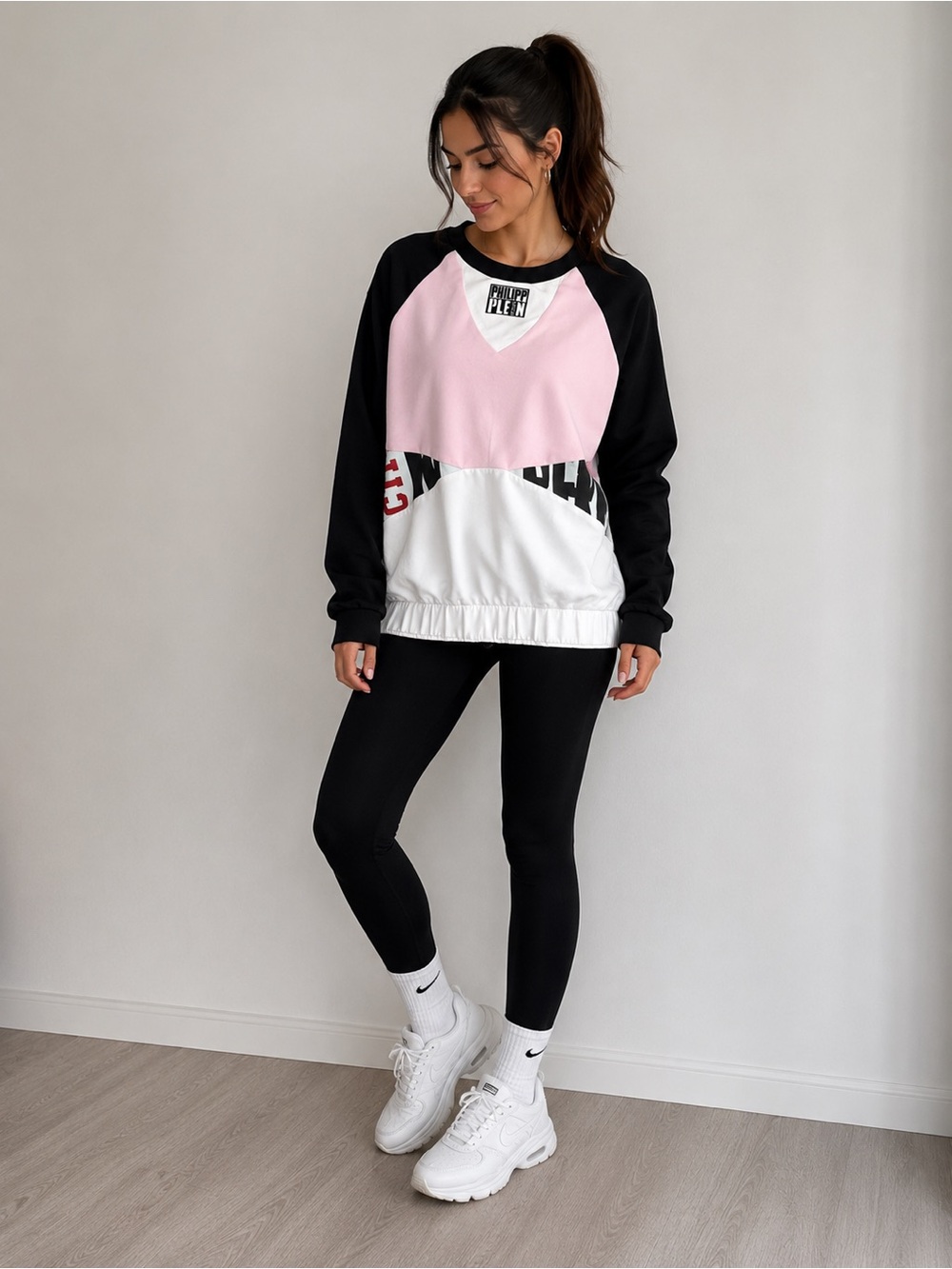 Philipp Plein Pink, White & Black Colorblock V-Neck Pullover sweatshirt M